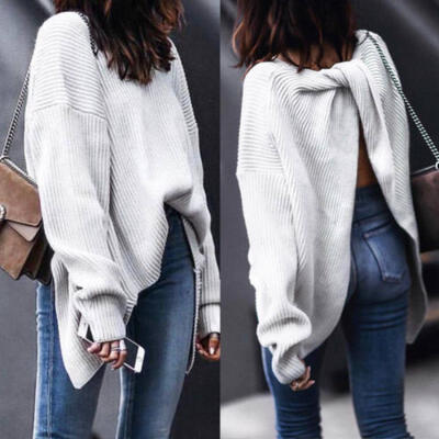

New Womens Winter Warm V Neck Oversized Tops Backless Knitted Sweater Jumper AU