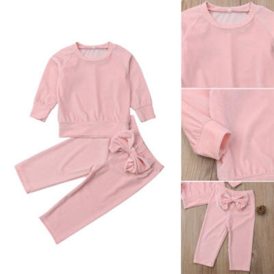 

Toddle Baby Kids Girl Solid Velvet Long Sleeve Top Long Pants Clothes Outfit