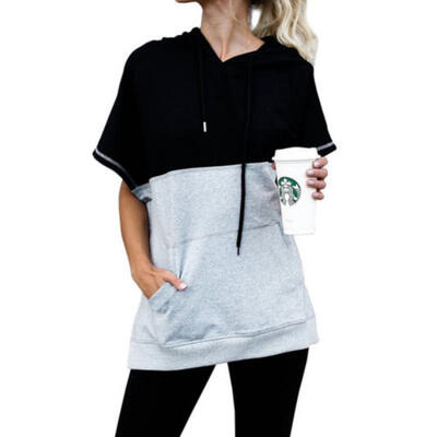 

Fashion Summer Women Casual Short Sleeve Hooded Pullover Solid Splicing Loose