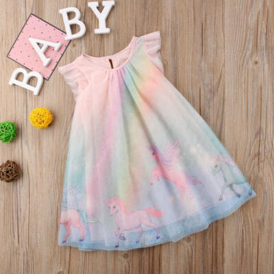 

CANIS Flower Girls Dress Unicorn Tulle Party Fly Sleeves Dress Sundress Clothes