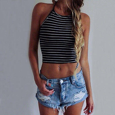 

Women Striped Boho Strappy Bustier Bra Cami Vest Crop Top Bralette Blouse Shirt