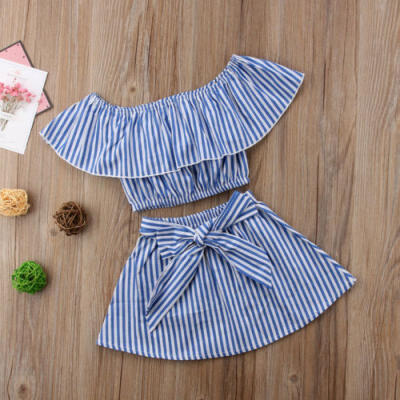 

Baby Girl Summer Off-Shoulder Stripe T-shirt TopTutu Dress Skirt Stripe Outfits