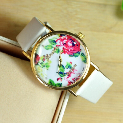 

MyMei Fashion Leather Rose Flower Dress Watches for Women White Color