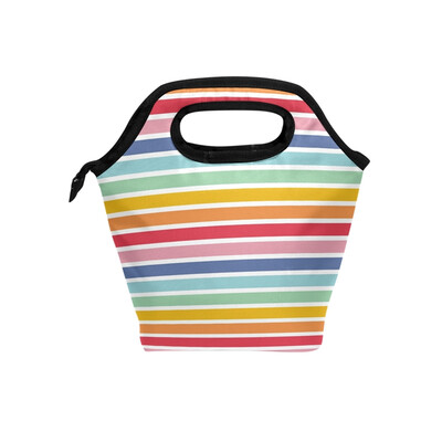 

Lunch Tote Bag Colorful Strip Travel Picnic Insulated Lunch Handbags Portable Zipper Lunch Bag Box