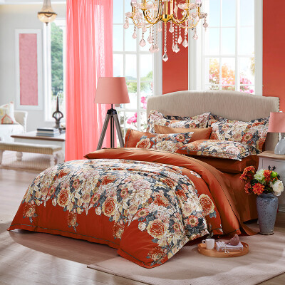 

LUOLAI LOLI Home Textiles Cotton Four-piece Cotton Bed Set Bedding Bed Sheets Olive Garden WA5017-4 Orange 220 250