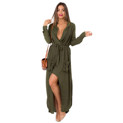 

Buenos Ninos Women Sexy Long Sleeve Casual Chiffon Long Dress Deep V-Neck Solid Dress