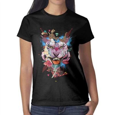 

Colorful Tiger Art Painting Womens Black t Shirts Cute Pretty Women Cotton T-Shirts