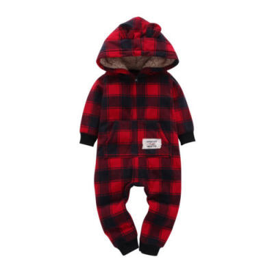 

Newborn Infant Boy Girl Long Sleeve Jumpsuit Plaid Hooded Romper Bodysuit Outfit