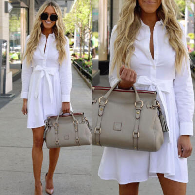 

US Fashion Womens Long Sleeve Shirt Dress Summer OL Elegant Bloues Casual Tops