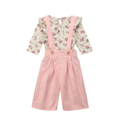 

Newborn Kids Baby Girl Floral Ruffle Tops Pink Bib Strap Pants Outfits Clothes