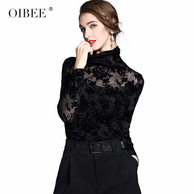 

2018 new womens large size black sexy high collar lace long-sleeved bottoming shirt tops take autumn&winter small shirt women