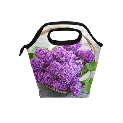 

Lunch Bag Purple Flower Tote Travel Picnic Insulated Handbags Portable Zipper Lunch Bag Box