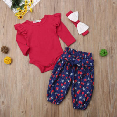 

AU Newborn Baby Girl Cotton Floral Top Romper Pants Headband 3PCS Outfit Clothes