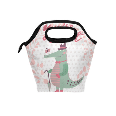 

Lunch Tote Bag Green Dinosaur Travel Picnic Insulated Lunch Handbags Portable Zipper Lunch Bag Box