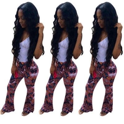 

Womens Floral Printed Bell Bottom Wide Leg Flare Stretch High Waist Boho Pants
