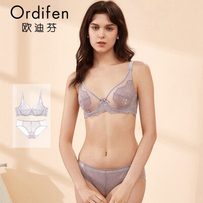 

Ou Difen thin section bra set thin section underwear bra bra lace sexy gathered on the womens underwear set XB8696 fog purple gray B75M