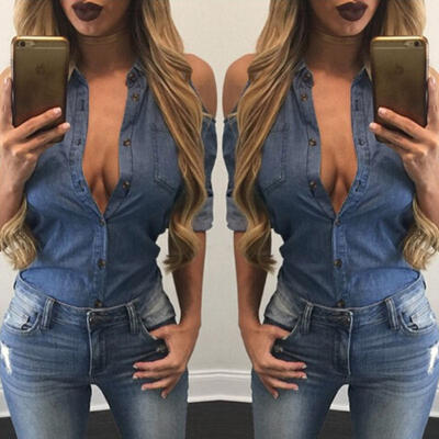 

Mujeres Dama Retro Manga Larga Solapa Botón Entallado Jean Denim Camisas Blusa
