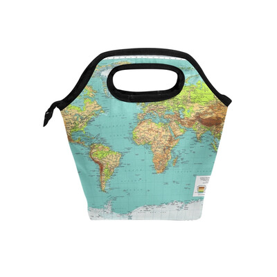 

Lunch Tote Bag World Map Travel Picnic Insulated Lunch Handbags Portable Zipper Lunch Bag Box