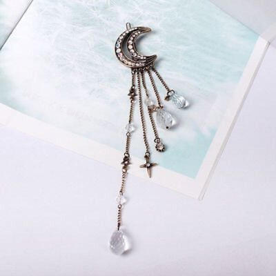 

Women Vintage Crystal Rhinestone Moon Tassel Drop Brooch Hair Pin Clip Headdress