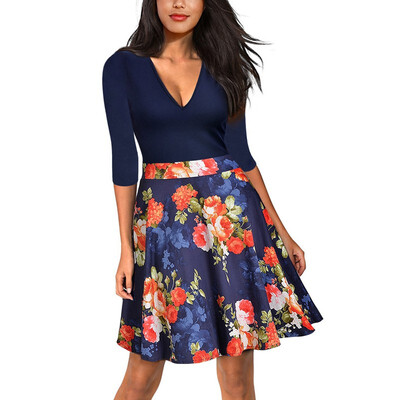 

Women Vintage Zipper Floral Printed Tunic Pleated Swing Dresses