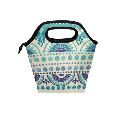 

Blue Roman Style Pattern Lunch Bag Tote Travel Picnic Insulated Handbags Portable Zipper Lunch Bag Box