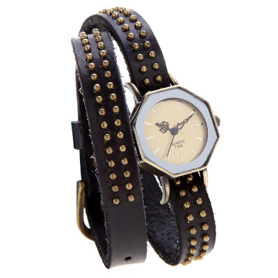 

Elegant Design Women Lady Quartz Wrist Watch Vintage Rivets Octagon Bronze Wrap Strap Bracelet