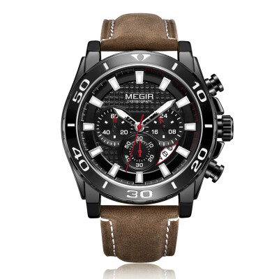 

MEGIR 2094 Men Watch Quartz Sport Simple Wristwatch Leather Strap 3ATM Waterproof Calendar Chronograph Luminous Hands Fashion Casu