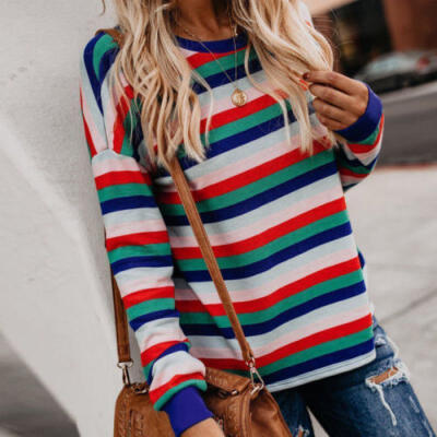 

Autumn Womens Long Sleeve Crew Neck Striped Tops T-Shirts Ladies Casual Blouses