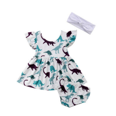 

3pcs Newborn Baby Kids Girl Animal Dinosaur Dress Outfits Shorts Clothes 0-18M