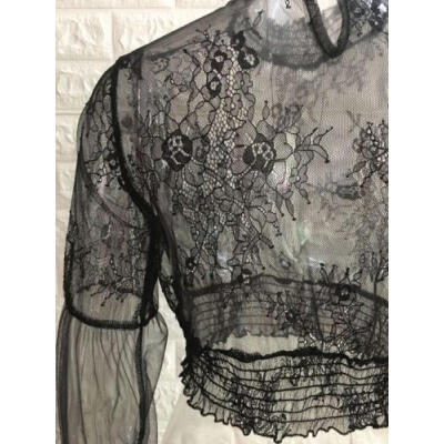 

Women Sexy Black Floral Lace Long Puff Sleeve Slim Blouse Crop Top T-Shirt  M L