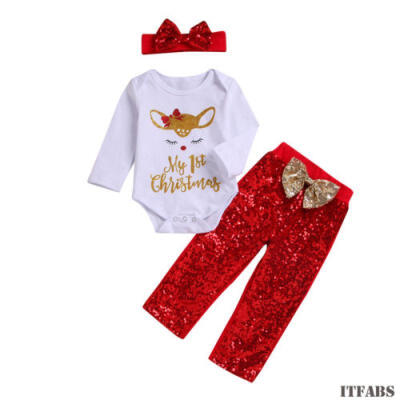 

Christmas Newborn Baby Kids Clothes Deer Print TopsFlamingo Pants Outfits 3PCS