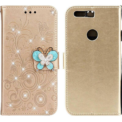 

MOONCASE Huawei Glory 8 Butterfly Rhinestone Embossed Leather Case - Gold