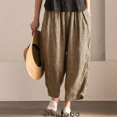 

Retro Women Loose Linen Plaid Pants Casual Elastic Waist Beach Pant Summer -3XL