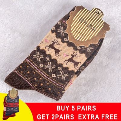 

5 pair Winter Women Socks Warm Wool Christmas Mid-calf Socks Woolen Snowflake Deer Comfortable Gift