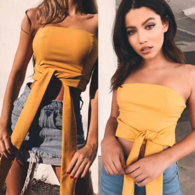 

New Womens Ladies Tie Up Halter Neck Plain Crop Top Sleeveless Vest T Shirt Tops