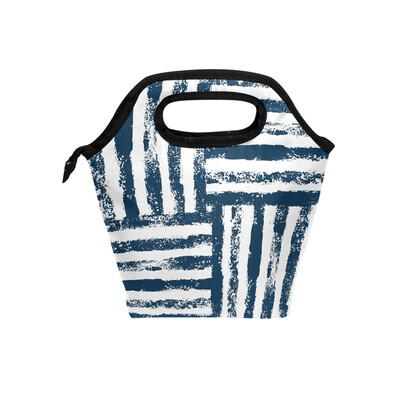 

Black White Stripe Lunch Bag Tote Travel Picnic Insulated Handbags Portable Zipper Lunch Bag Box