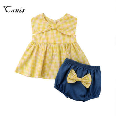 

Toddler Kid Baby Girl T-shirts Top Tank Bow Denim Shorts Summer Outfits 2PCS Set