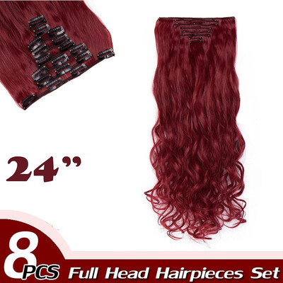 

17" Curly Hair Full Head Clip in Hair Extensions Synthetic 8 Piece 18 Clips Hairpiece Long Wave Trendy Design for Women