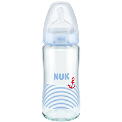 

NUK wide-bore glass bottle newborn baby baby bottle 240ml with anti-flatulence silicone nipple 0-6 months round hole blue German import