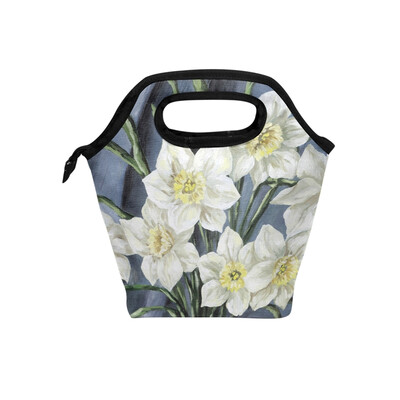 

Lunch Tote Bag Beautiful White Flower Travel Picnic Insulated Lunch Handbags Portable Zipper Lunch Bag Box