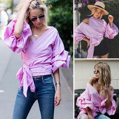 

Women Bardot Top Ruffle Sleeve Waist Tie Cross Off Shoulder Shirt V-neck Blouse