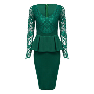 

Sexy V Neck Long Sleeve See-through Lace Spliced Bodycon Women Dress