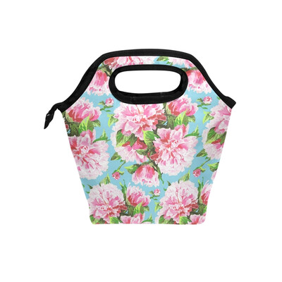 

Pink Flower Lunch Bag Tote Travel Picnic Insulated Handbags Portable Zipper Lunch Bag Box