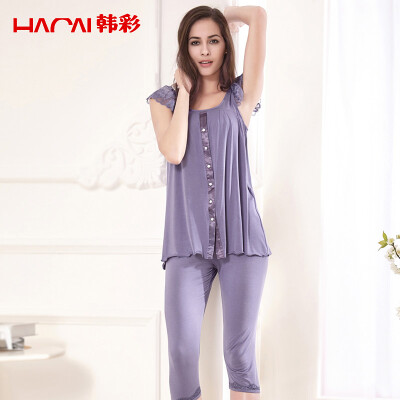 

Han Choi HACAI pajamas summer short sleeves Modal Ms pure color round neck loose home clothing suit blue 17095