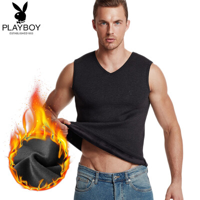 

Playboy warm vest men thickening plus velvet warm shirt mens wide shoulders V-neck black XXL