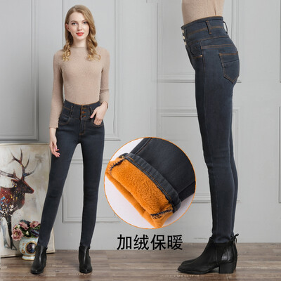 

2018 extra thick pile jeans womens trousers winter new large size high-waisted pencil trousers women