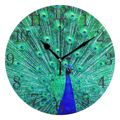 

Wall Clock Arabic Numerals Design Nature Peacock Round