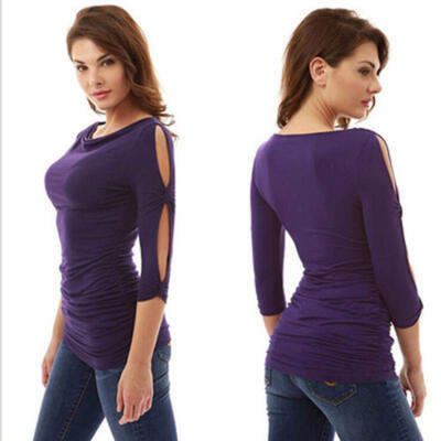 

Women Simple Open Shoulder Stepped Hem T-shirt Slim Long Sleeve Blouse Sweater