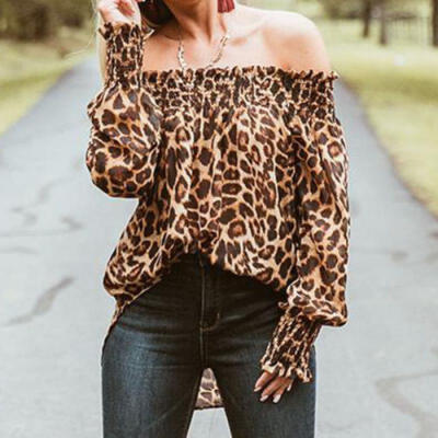 

Women Off Shoulder Leopard Long Sleeve T-Shirt Pullover Crop Short Tops Leopard