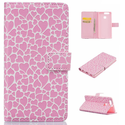 

Lovely Heart Design PU Leather Flip Cover Wallet Card Holder Case for HUAWEI P9